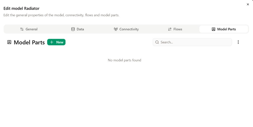 Edit model dialog with the Model Parts tab open.
