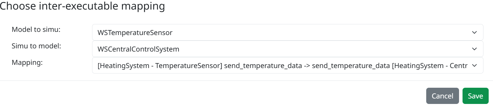 Model to model instance creation popup. In the inter-executable mapping popup, the mapping send_temperature_data has been selected between the WSTemperatureSensor and the WSCentralControlSystem Websockets.