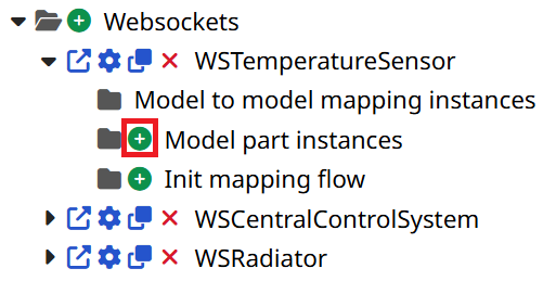 In the Scenario tab, in the Websockets folder, under the new WSTemperatureSensor Websocket, there is an add icon next to the Model part instances folder