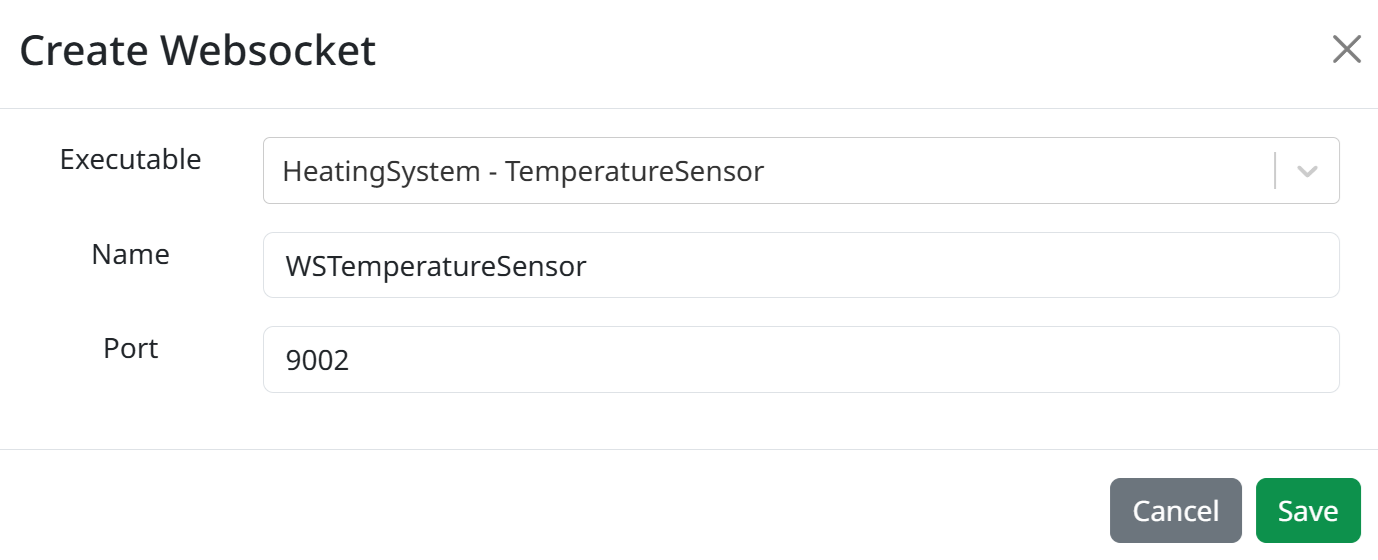 Adding a new websocket. In the websocket creation popup, the selected executable is the TemperatureSensor, the name of the Websocket is WSTemperatureSensor, and its port has been set by default to 9002.