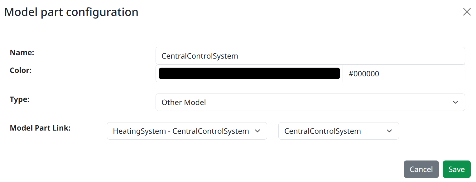 In the Model Part Configuration Radiator, the title of the model part is CentralControlSystem, and Other Model has been selected as type.