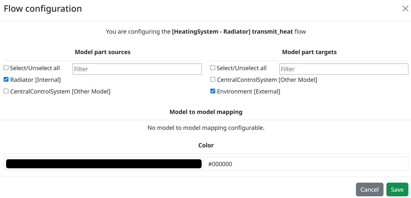 In the produce_heat flow configuration, the Radiator (internal) has been selected as a source, and the Environment (external) has been selected as a target.