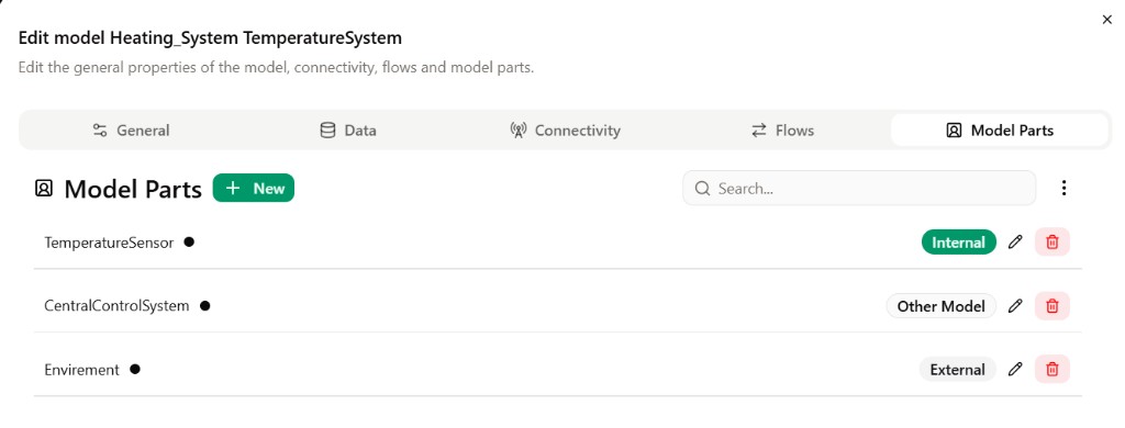 TemperatureSensor model Model Parts tab summary.
