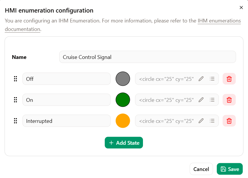 HMI enumeration configuration for Cruise Control Signal with Off, On and Interrupted states.