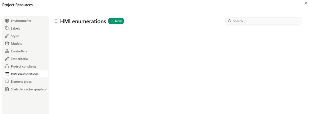 Project Resources with HMI enumerations tab and New button.