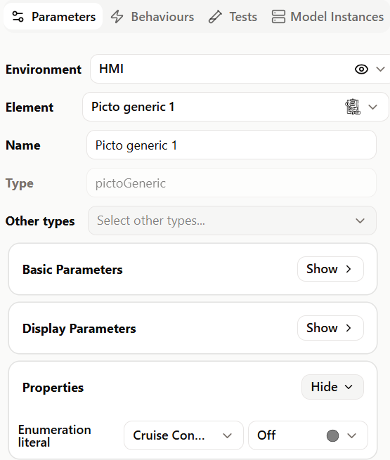 Picto generic Parameters tab with Enumeration literal set to Cruise Control Signal and Off.