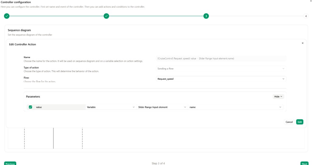 Controller action sending Request_speed flow with value mapped from the slider name.